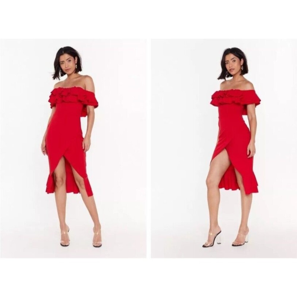 Nasty Gal Dress Women Size 2 Red Ruffle Off Shoulder Midi Front Slit